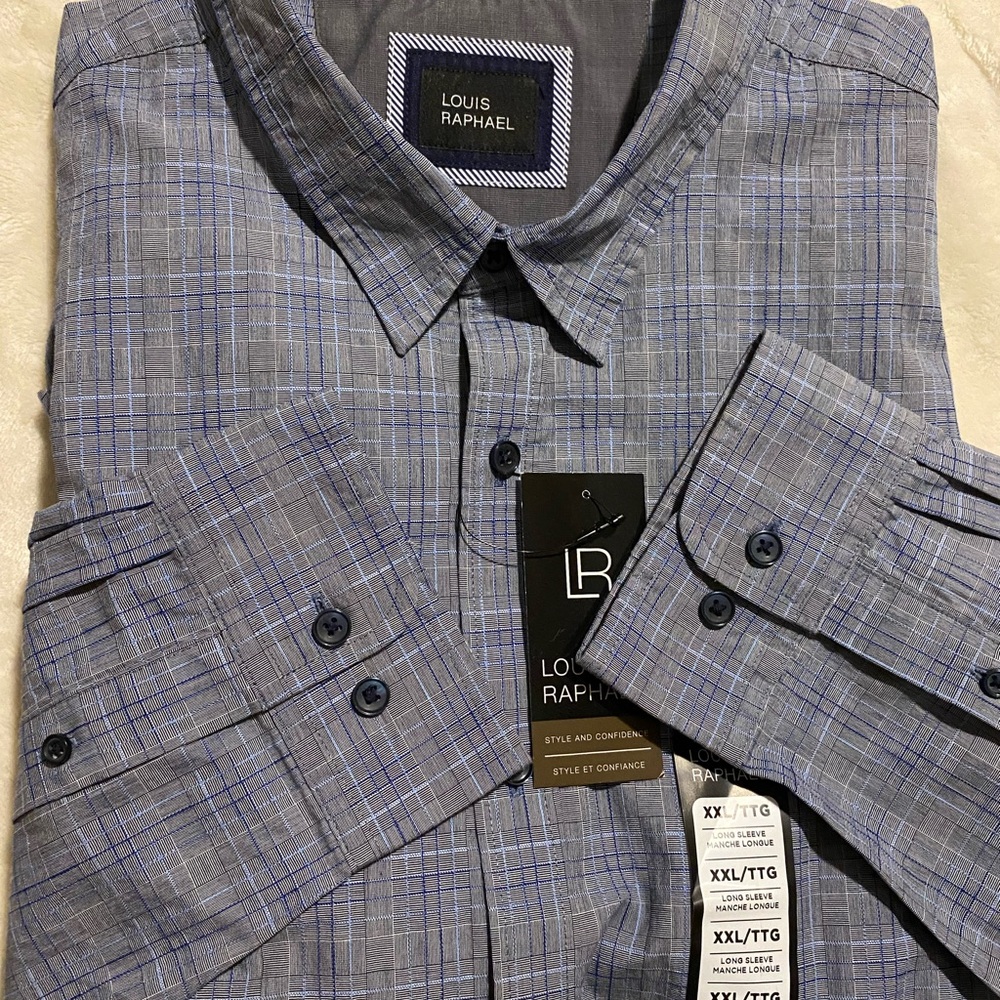 Louis Raphael Men's Gray and Blue Shirt Long Sleeve Button Up XXL NWT